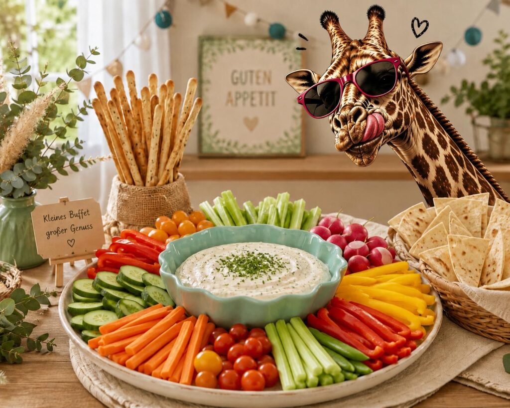Bunte Gemüseplatte mit DIPSMIR Dip in der Mitte, daneben die DIPSMIR-Giraffe